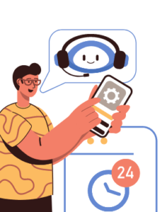 Imagem mostra um desenho de um homem mostrando a tela de um celular que tem o símbolo de uma engrenagem e um balãozinho de fala , saindo de sua boca, com a imagem de um chatbot com microfone estilo call-center