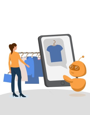 Ilustração de uma mulher mexendo em roupas em uma arara. Ao lado há um chatbot com um celular gigante.