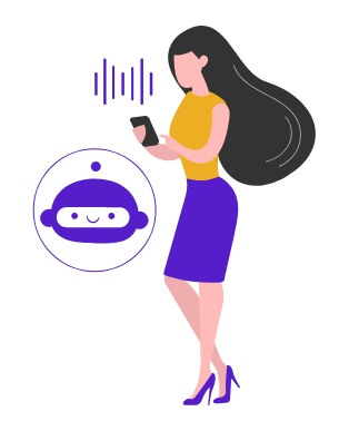 Ilustração de uma mulher falando ao celular. Ao lado aparece um voicebot