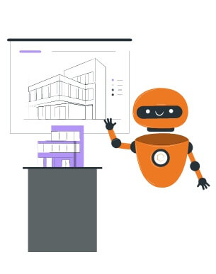 Chatbot cor de laranja ao lado de uma maquete de construção civil