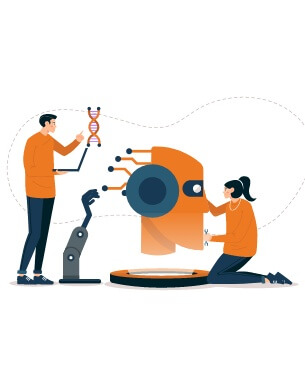Ilustração de um homem e uma mulher consertando um robô