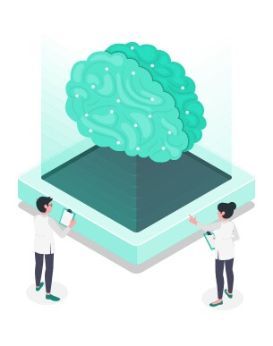 ilustração de duas pessoas analisando um cérebro gigante no centro da imagem
