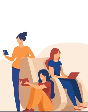 Ilustração de três mulheres observando celulares, tablets e notebooks mostrando a importância da tecnologia social