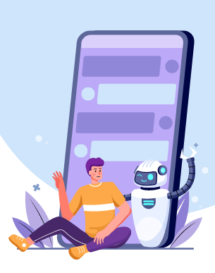 Ilustração de um homem com camiseta laranja falando com um chatbot encostado em um celular gigante.